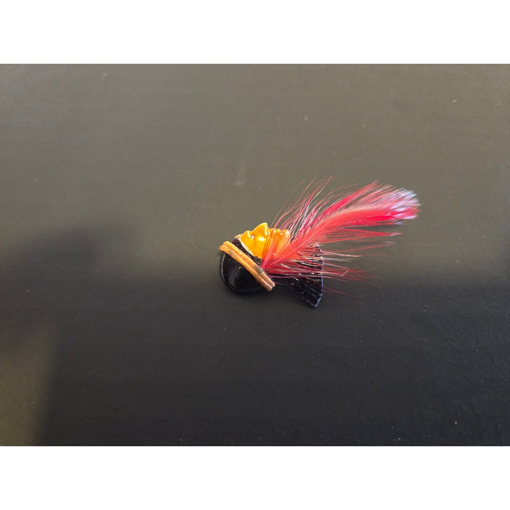 Vintage Novelty Face Profile Brooch Pin Red Feather Plume Black Orange Enamel